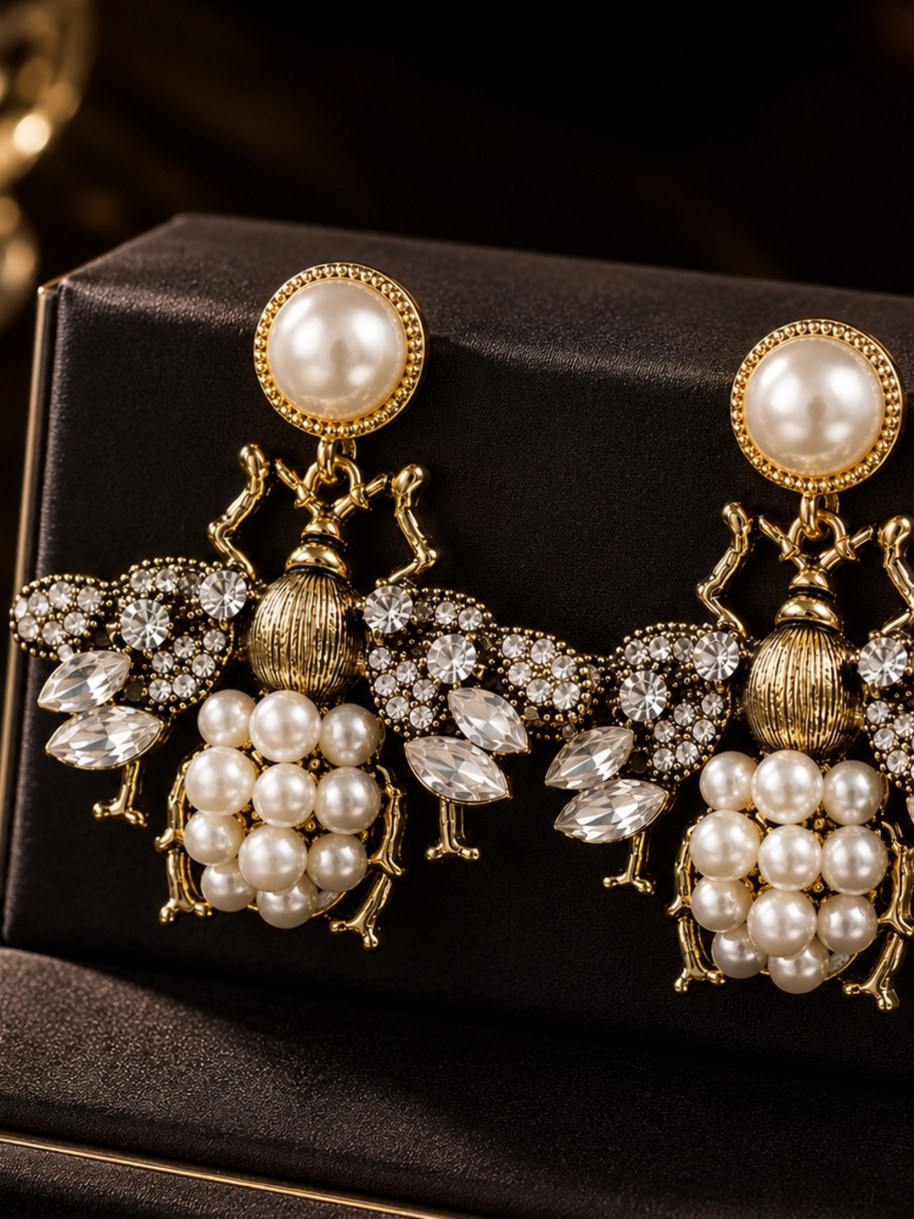 Gold Bee Pearl Drop Earrings - Picture 2 of 6